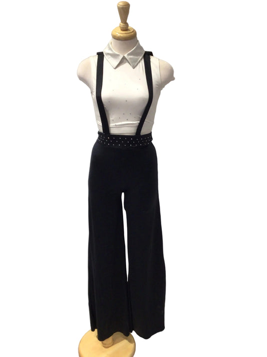 White Top and Black Suspender Pants