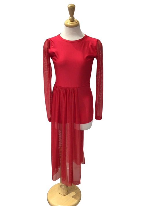 Red Biketard with Mesh Sleeves and Half Skirt