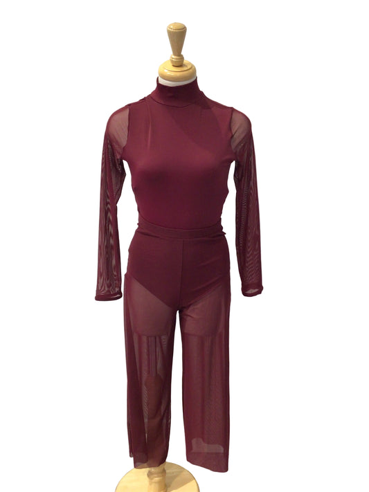 Burgundy Mesh Pants with Long Sleeve Bodysuit