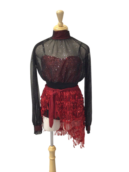 Black and Red Long Sleeve Bodysuit with Red Sequin Skirt