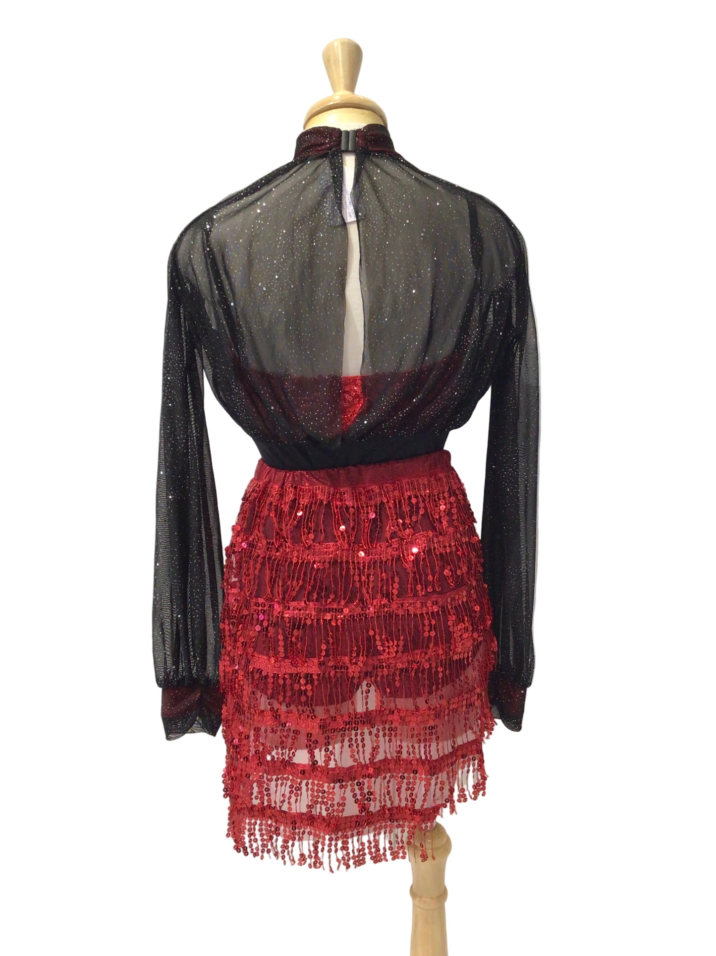 Black and Red Long Sleeve Bodysuit with Red Sequin Skirt