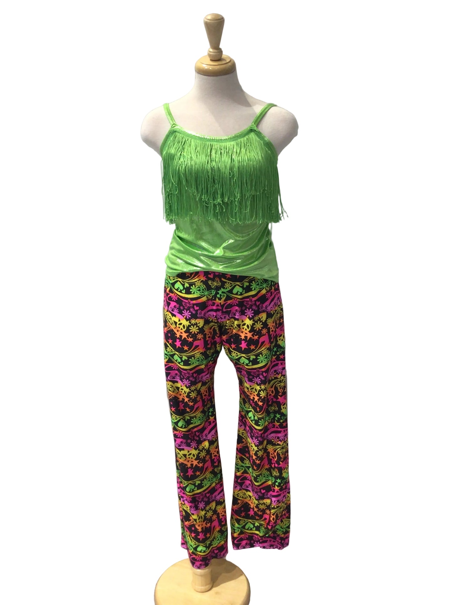 Shiny Green Fringe Top with Multi Colored Pants