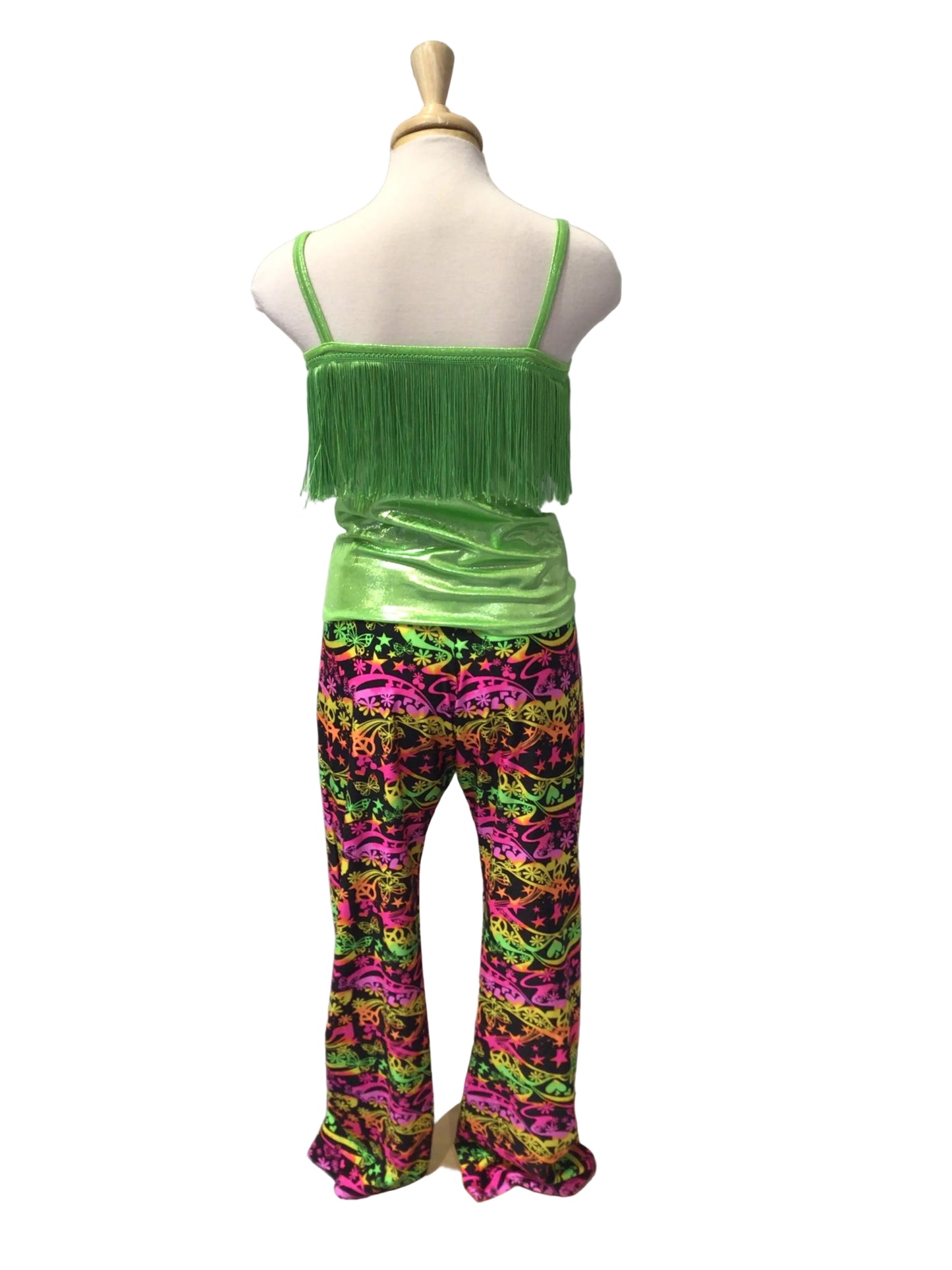 Shiny Green Fringe Top with Multi Colored Pants