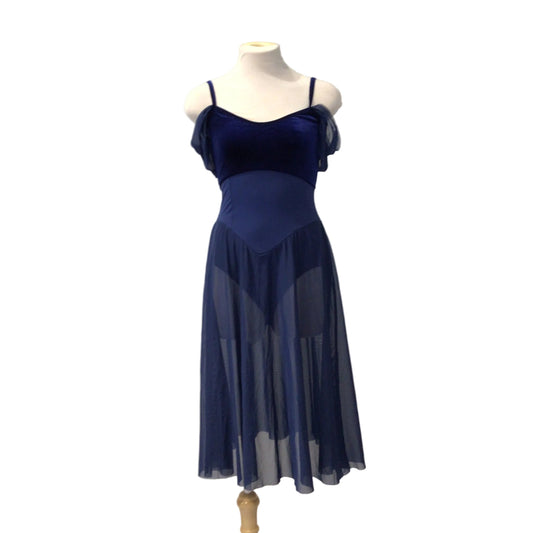 A navy blue sleeveless evening gown displayed on a mannequin torso against a white paneled wall.
