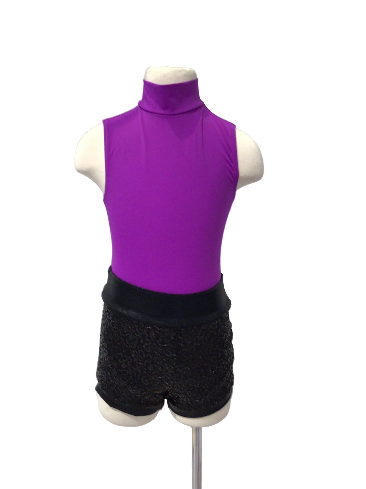 Purple High Neck Bodysuit and Black Sequin Shorts