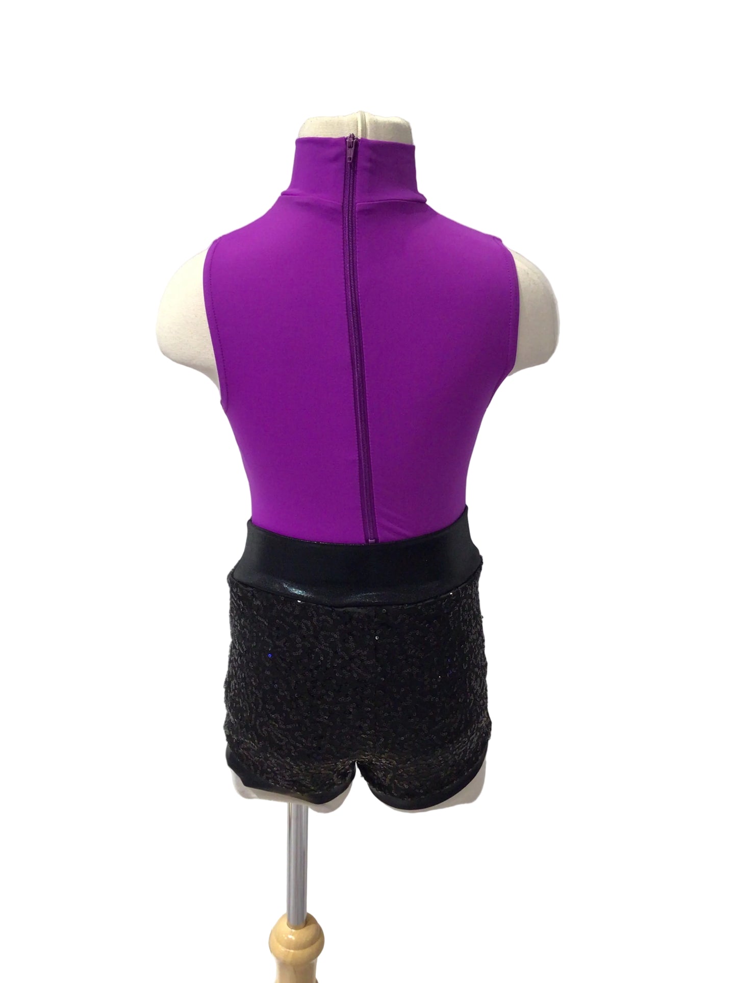 Purple High Neck Bodysuit and Black Sequin Shorts