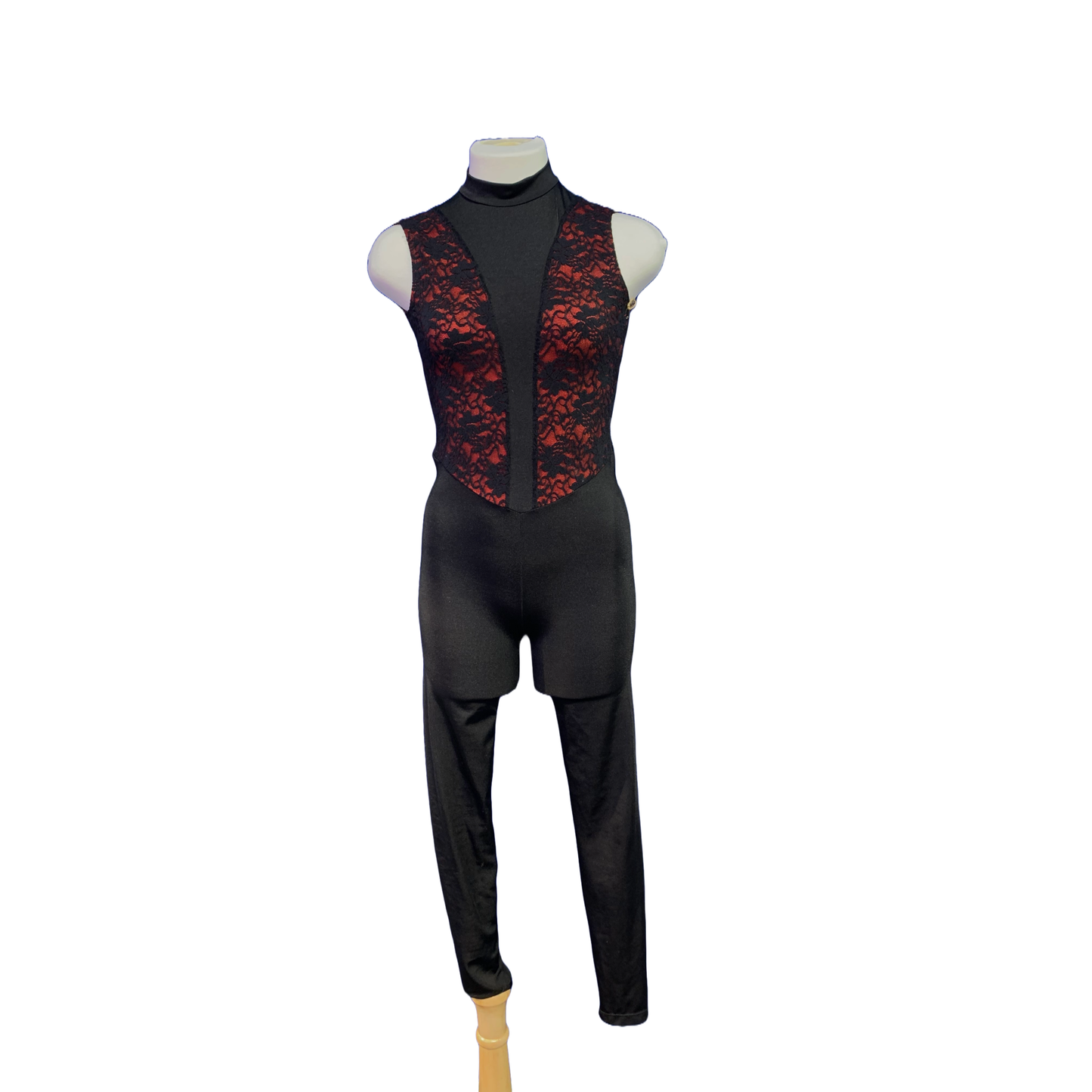 Red with Black Lace Sleeveless Unitard