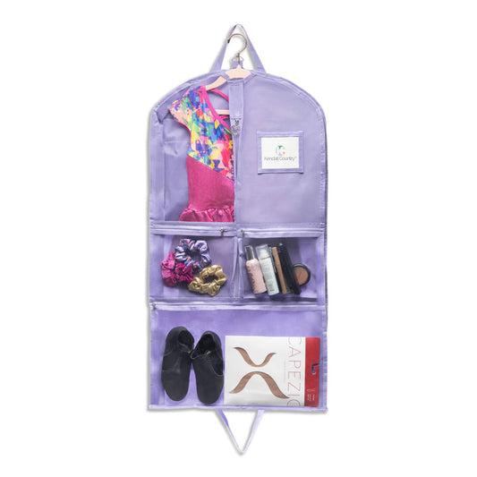 Picture of lavender coloured garment bag with clear pockets