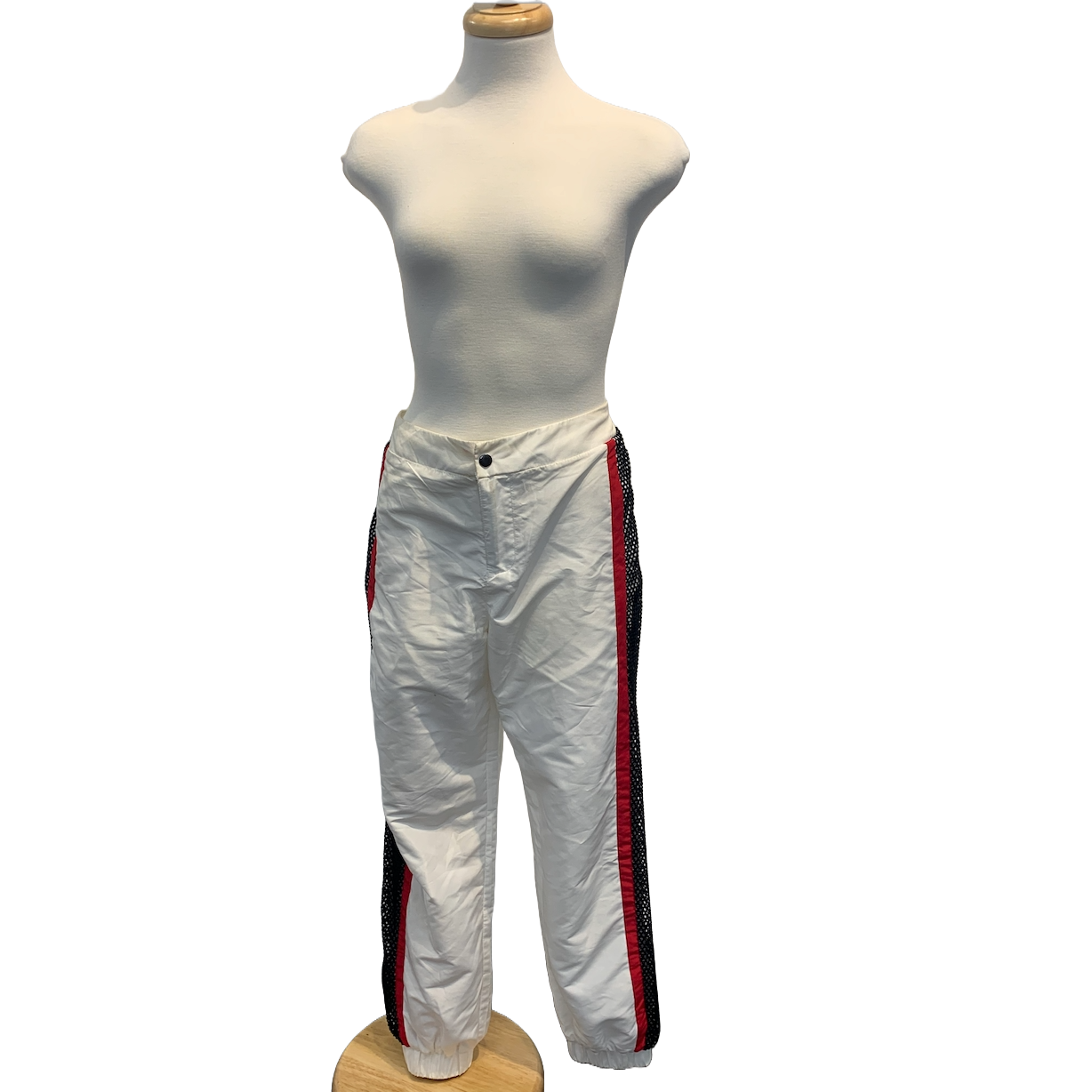 White pants with red and black stripe