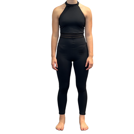 Black Halter Unitard with Mesh Cutouts
