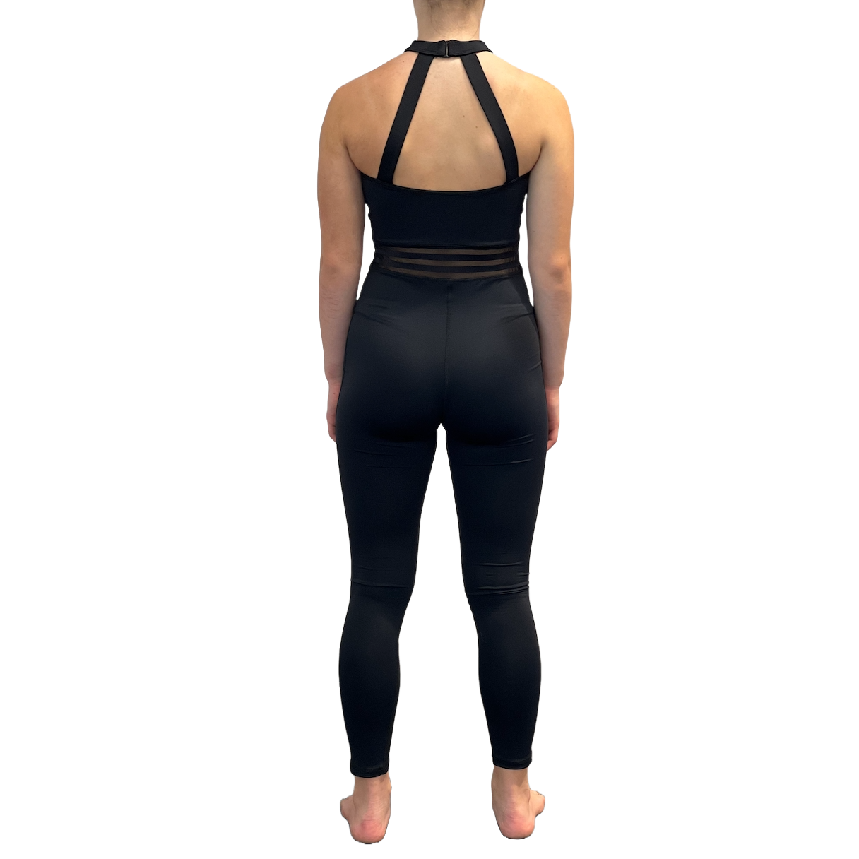 Black Halter Unitard with Mesh Cutouts