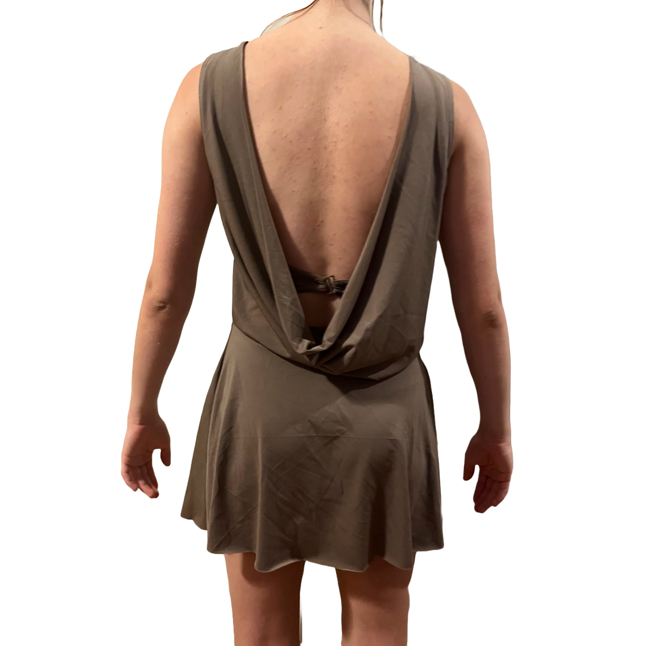 Taupe bodysuit with open back and skirt