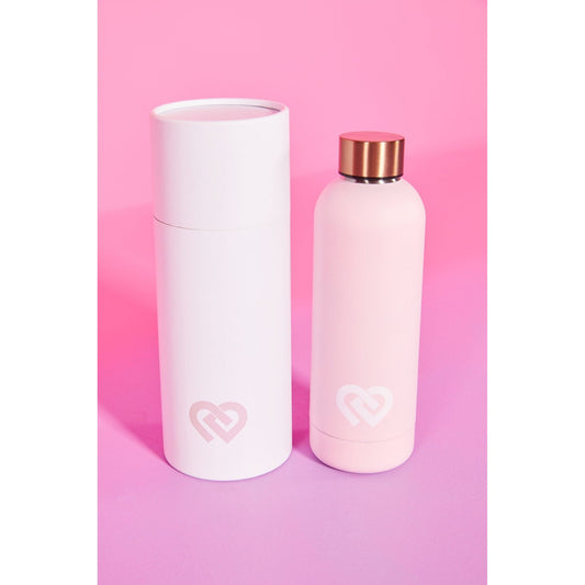 a picture of a pink CDW water bottle with a rose gold top