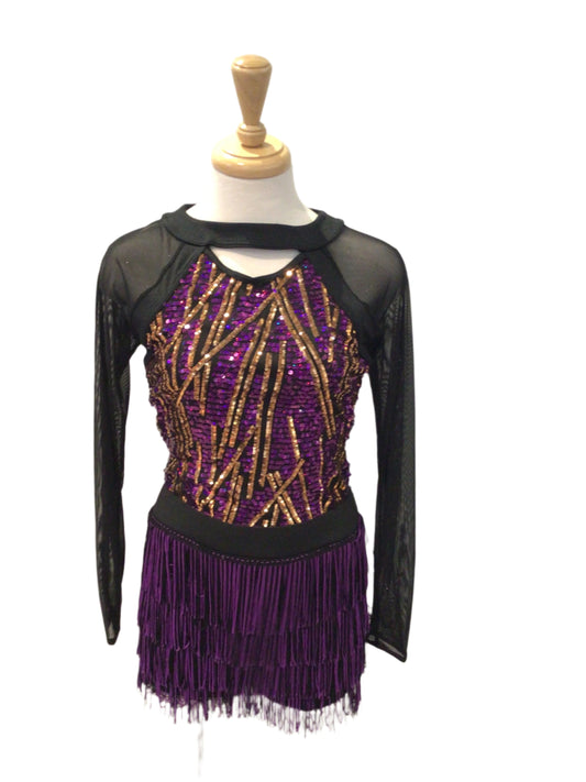 Black Purple and Gold Long Sleeve Fringe Biketard