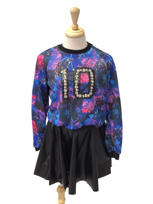 Blue and Pink Shirt with Black Pleather Skirt