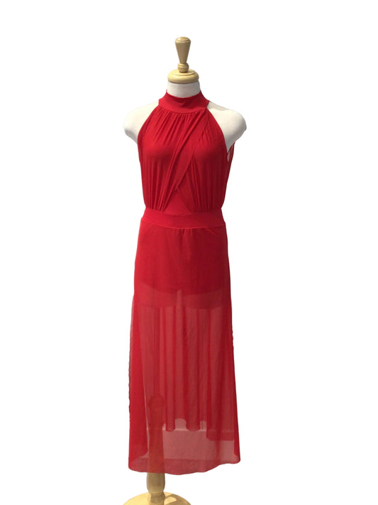 A bright red sleeveless draped dress displayed on a white mannequin torso, set against a white paneled wall.