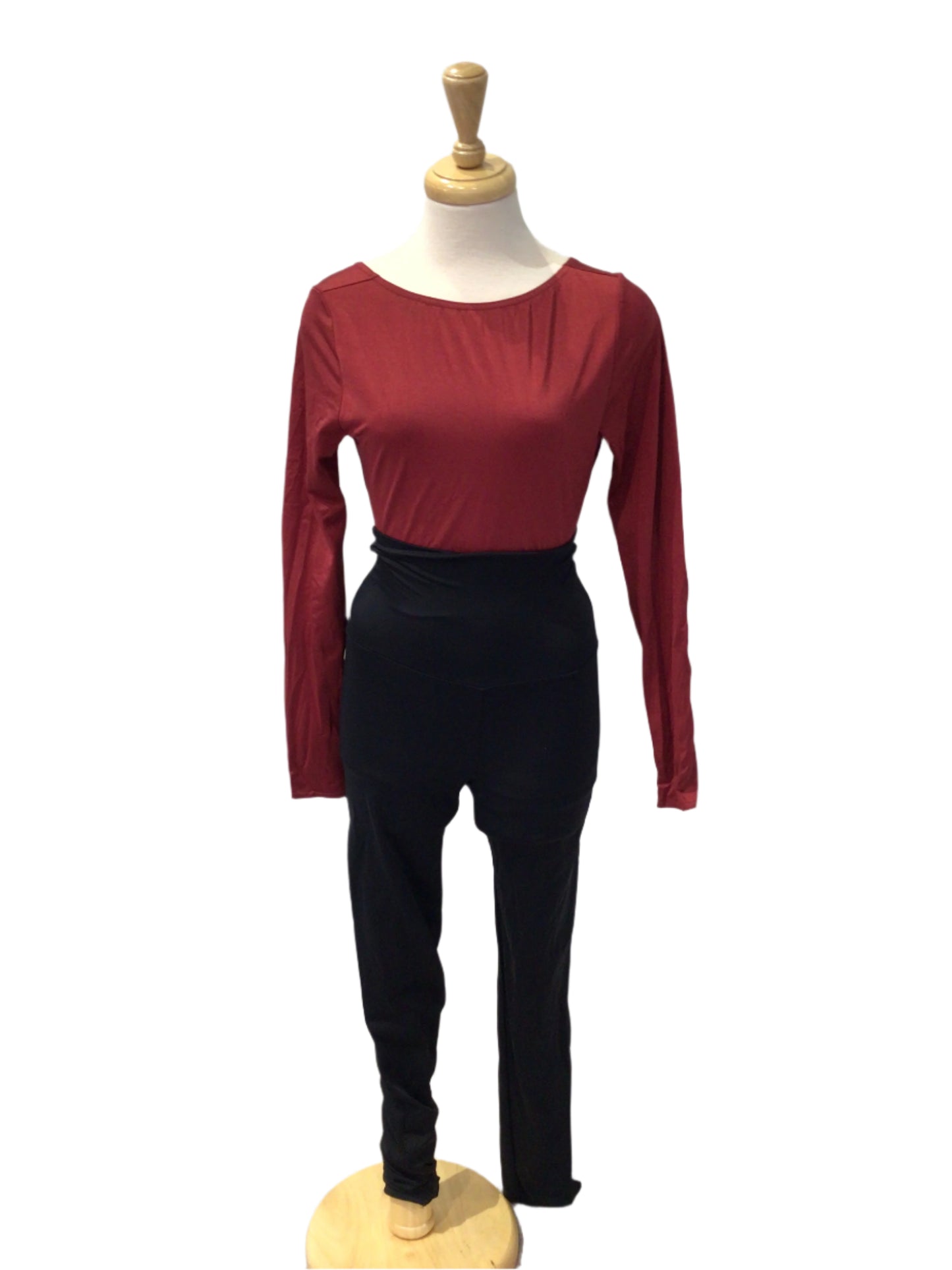 Red Long Sleeve Bodysuit and Black Pants