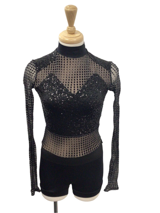 Black with Sequin Patterning Long Sleeve Biketard