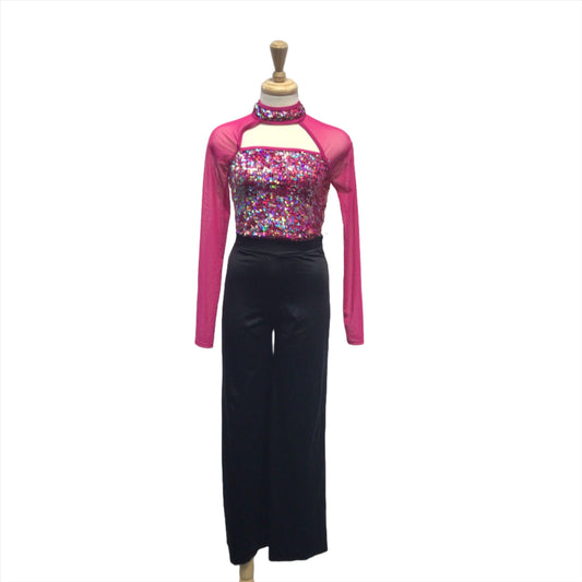 Two Piece Pink Sparkle Top and Black Pants