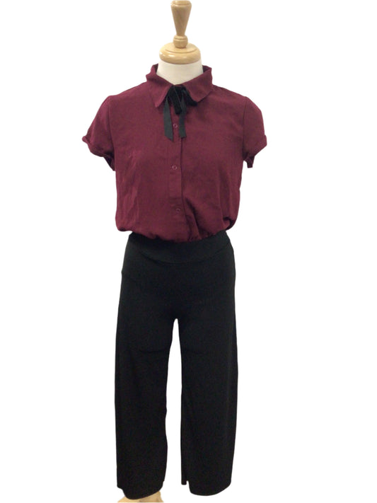 Burgundy Short Sleeve Blouse with Pants