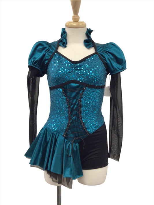 Teal and Black Biketard with Half Skirt