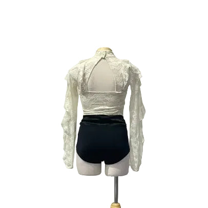 Frilly White Long Sleeve Lace High Necked Bodysuit with Black Briefs