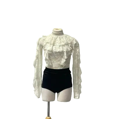 Frilly White Long Sleeve Lace High Necked Bodysuit with Black Briefs
