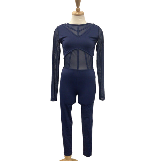 Blue Geometric Mesh Unitard