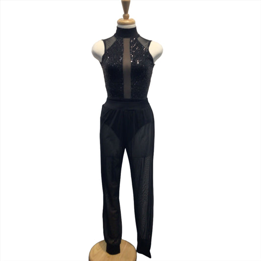 Black Halter Bodysuit With Mesh Pants