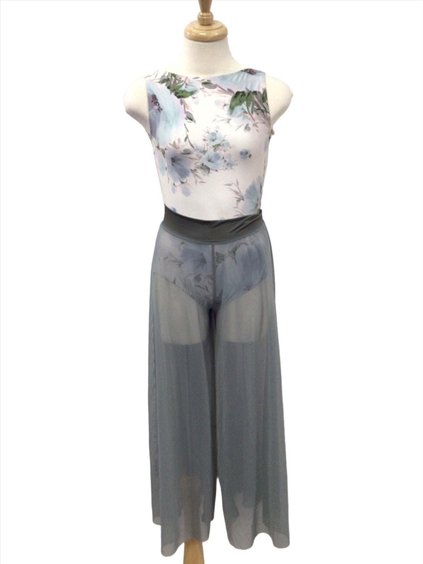 Blue Poppy Bodysuit and Grey Mesh Pants