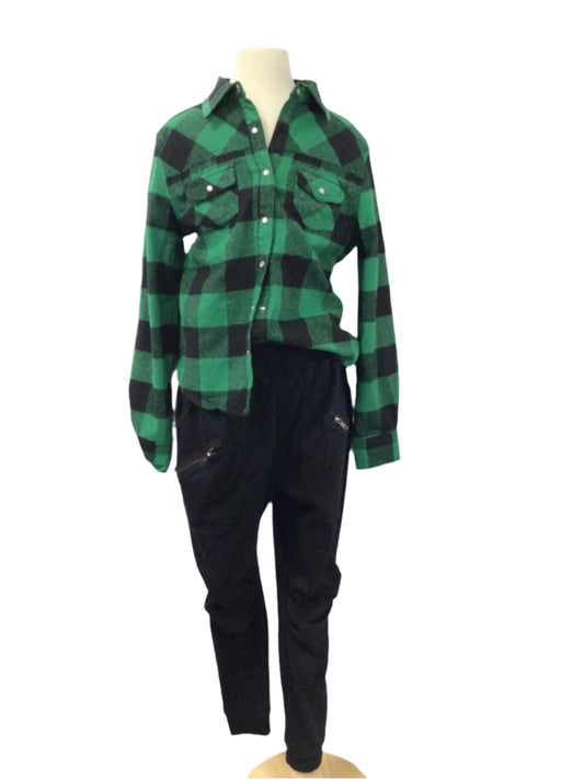 Green Plaid Shirt with Black Pants