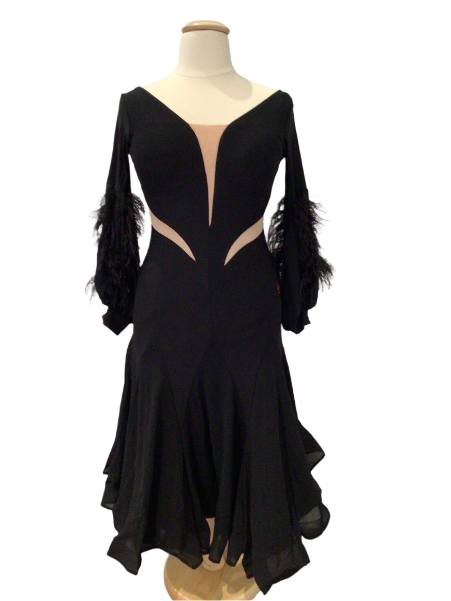 Black Long Sleeve Ballroom Dress with Feathers