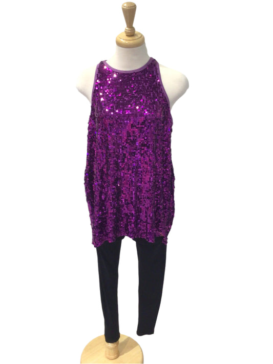 Purple Sequin Halter Top and Black Leggings