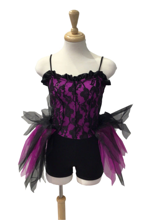 Dark Pink Black Lace Biketard with Half Skirt