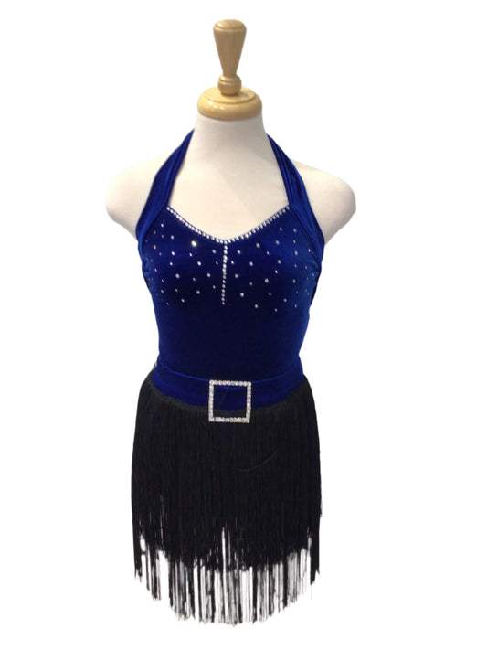Blue Velvet Halter Bodysuit with Fringe Skirt