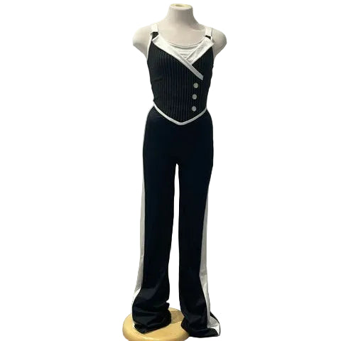 Black and White Pinstriped Collared Unitard with Buttons