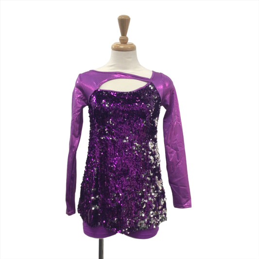 Purple Sequin Long Sleeve Biketard