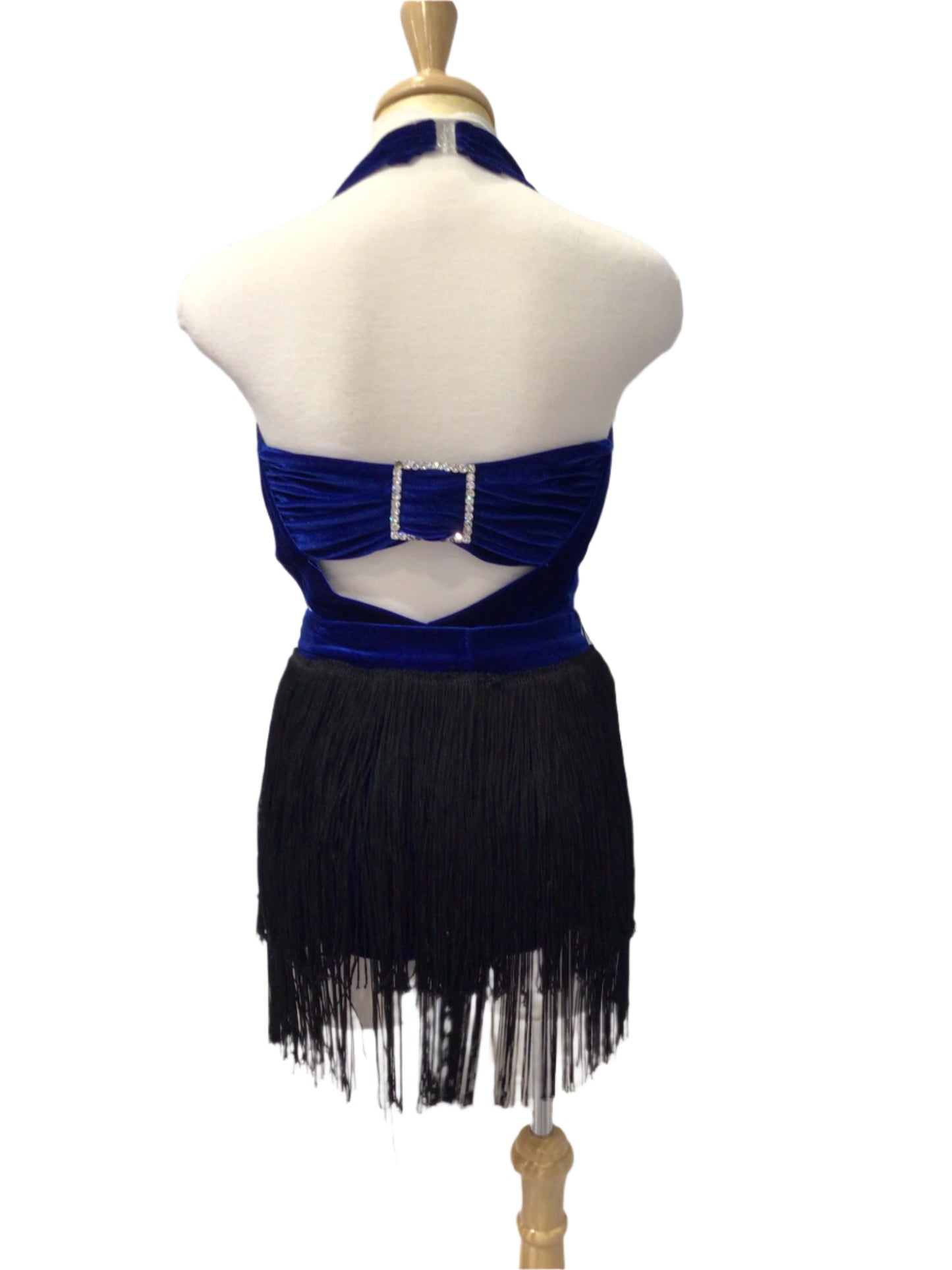 Blue Velvet Halter Bodysuit with Fringe Skirt