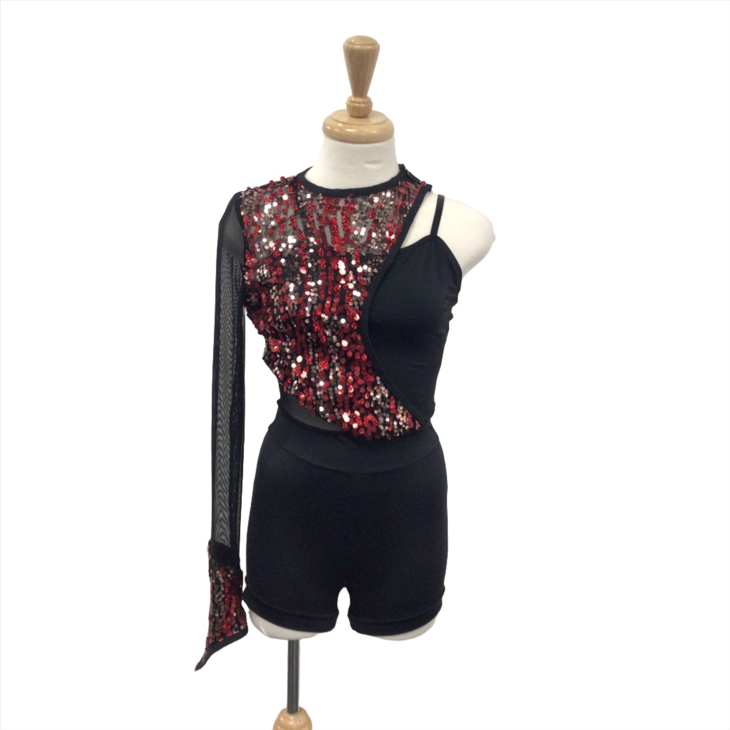 Red Sequin One Sleeve Biketard