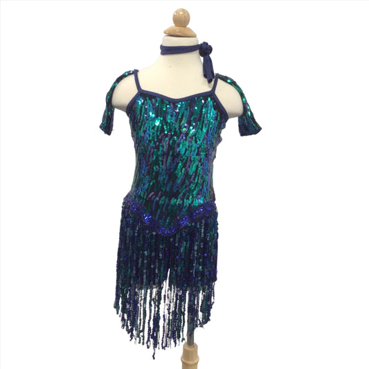 Teal and Blue Biketard with Sequin Fringe