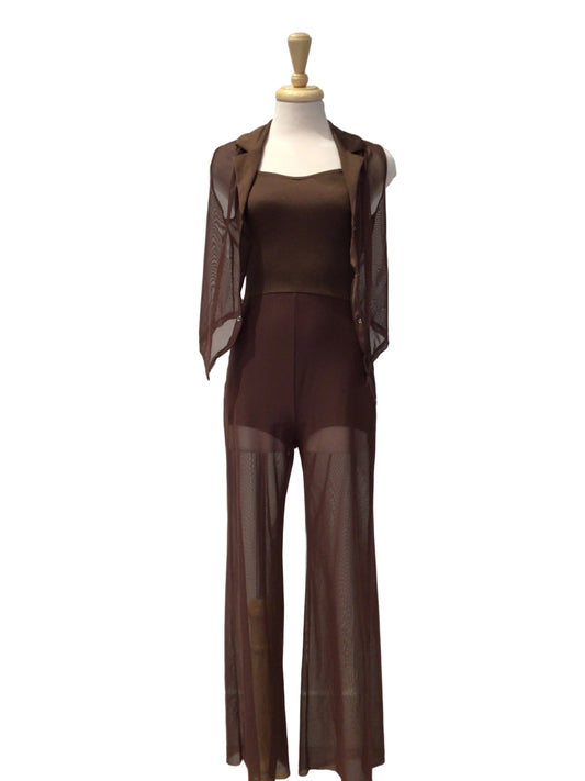 A brown sheer mesh two-piece outfit, consisting of a long-sleeve cropped jacket and matching wide-leg pants, displayed on a mannequin torso against a white paneled wall.