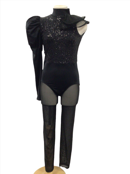 Black One Sleeve Unitard with Mesh Leggings