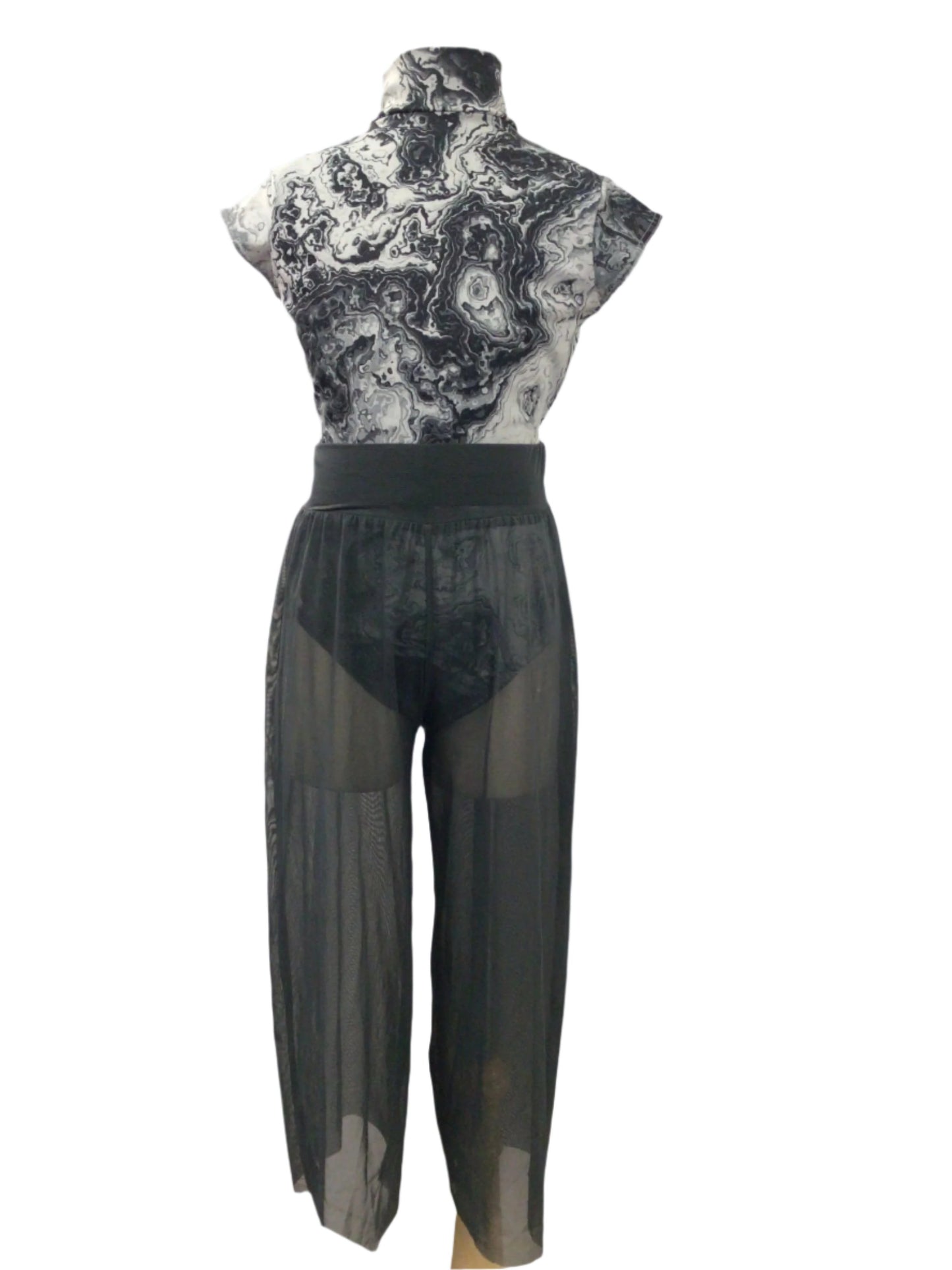 Grey Patterned Bodysuit and Mesh Pants