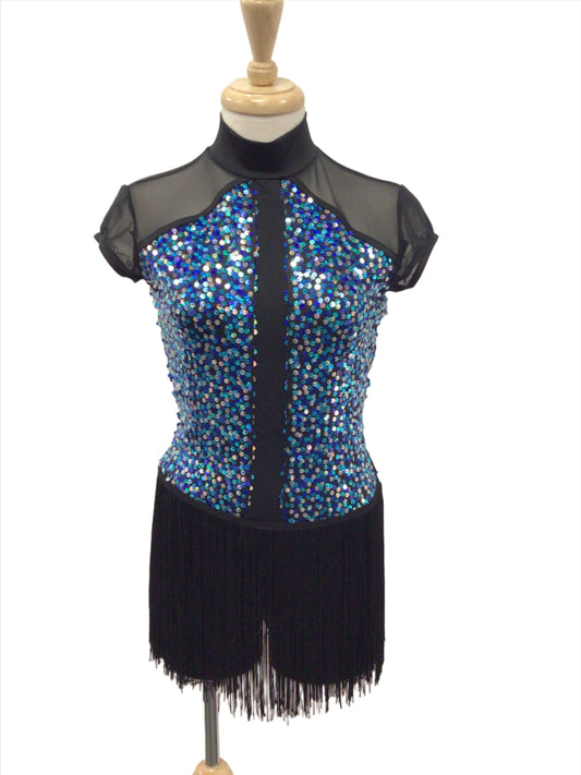 Fringe and Sequin Black and Blue Jazz Biketard