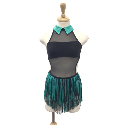 Black and Teal Fringe Skirt Leotard