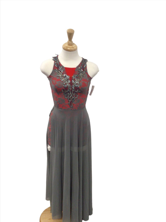 Red with Grey Lace Biketard With Grey Long Skirt