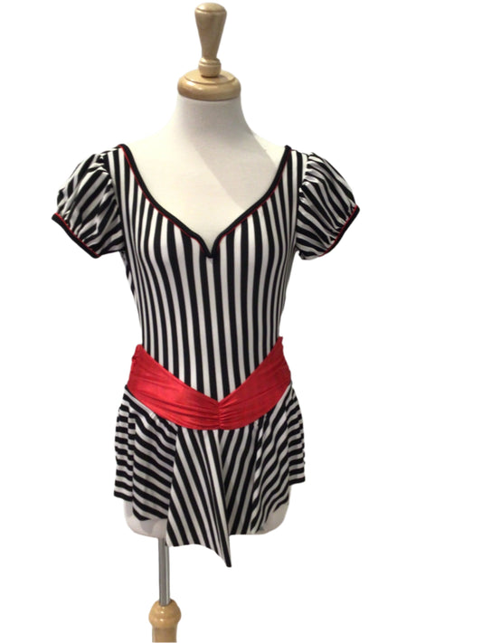 Black and White Short Dress with Red Sash