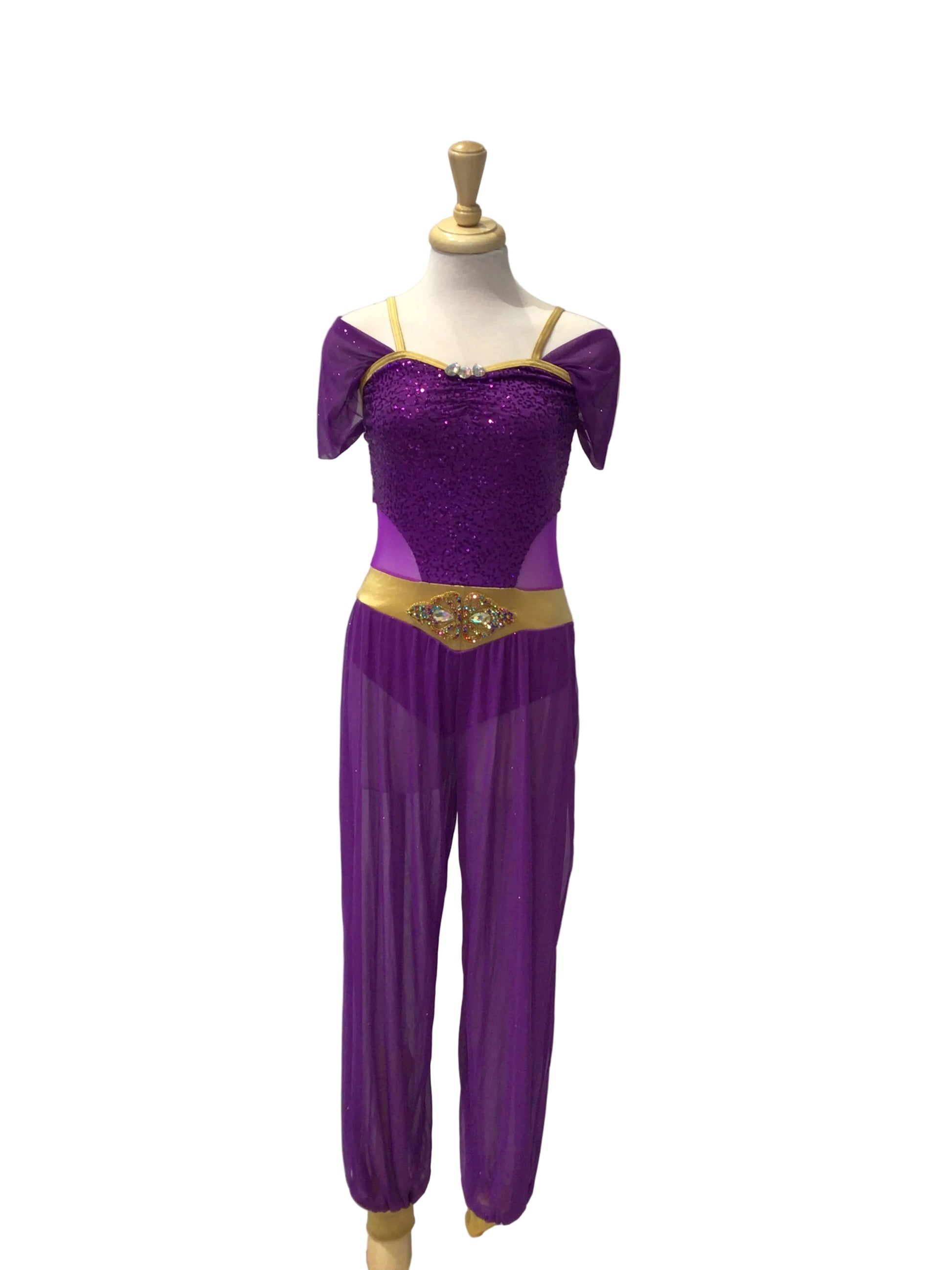 A purple two-piece costume set displayed on a mannequin torso against a white paneled wall. The set includes a short-sleeve, scoop-neck top with a textured purple bodice and gold trim, paired with matching purple pants featuring a gold waist belt with a decorative emblem.