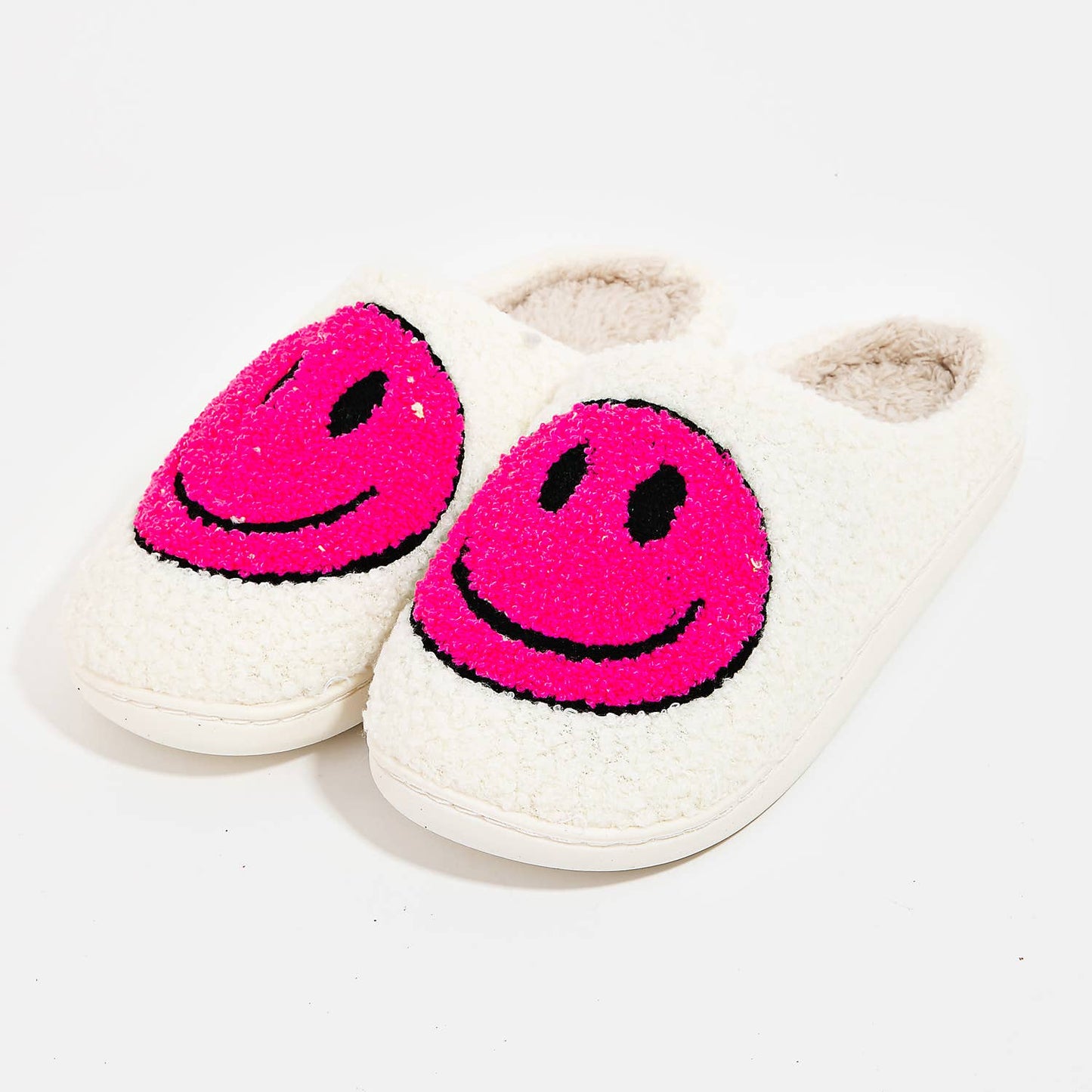 Happy Face Faux Fur Slippers: pink