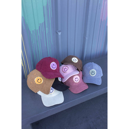 Glitter Smiley Corduroy Cap Hat